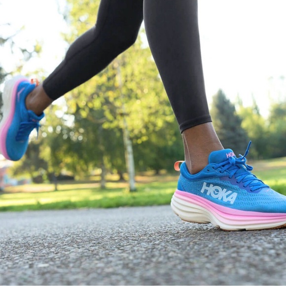 Hoka Shoes - HOKA bondi 8 Women's Blue Running Shoes with Pink Accent